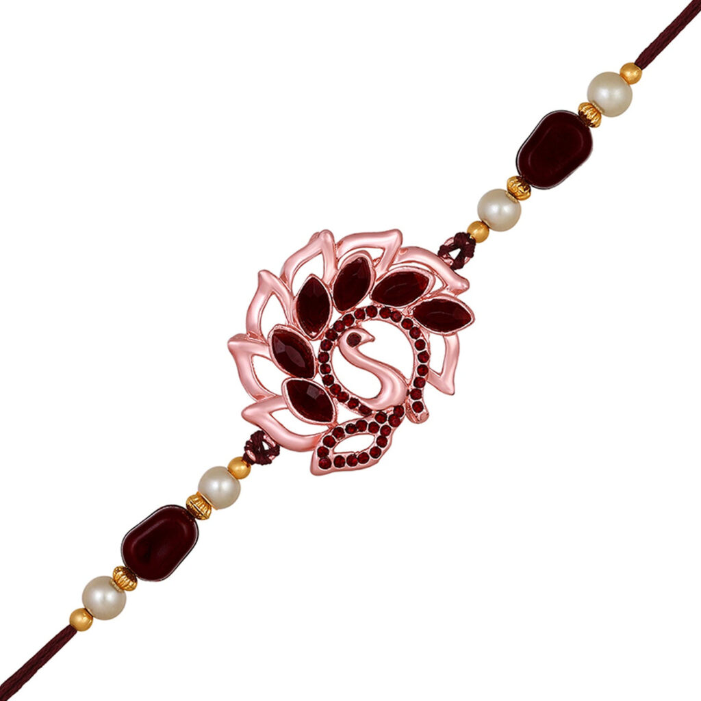 Peacock Shaped Rakhi in Rose Gold Plated for Bhai | Bridal Jewellery India