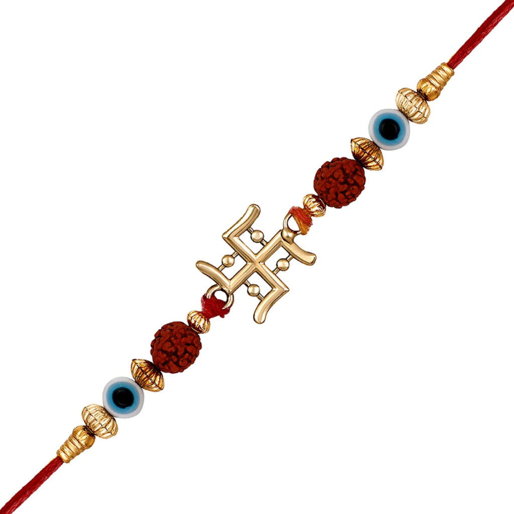 Gold Plated Swastik Rudraksha Rakhi for Brother | Bridal Jewellery India