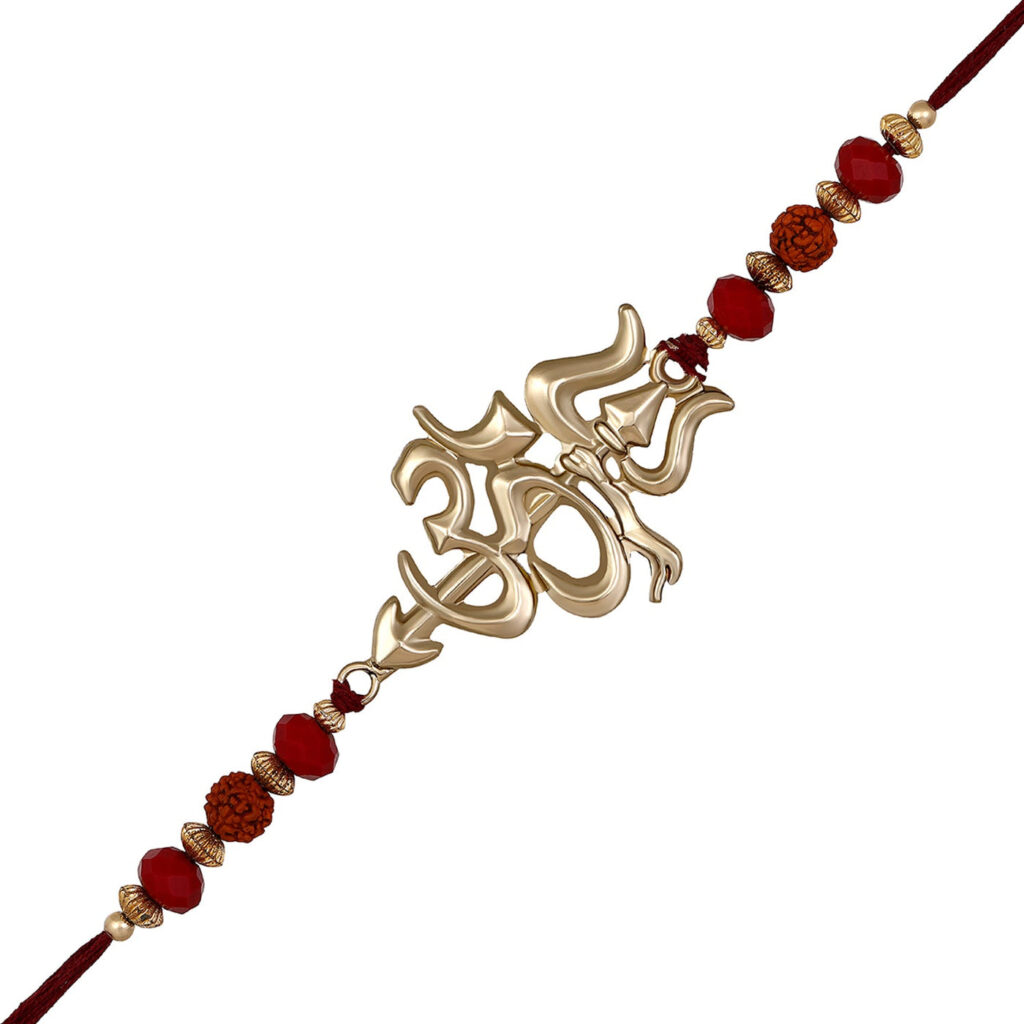 Rose Gold Plated OM and Trishul Rakhi with Rudraksha for | Bridal Jewellery India
