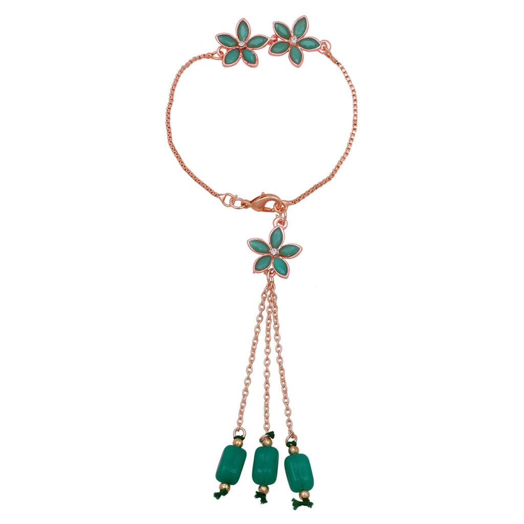 Rose Gold Plated Green Crystals Lumba Rakhi | Bridal Jewellery India