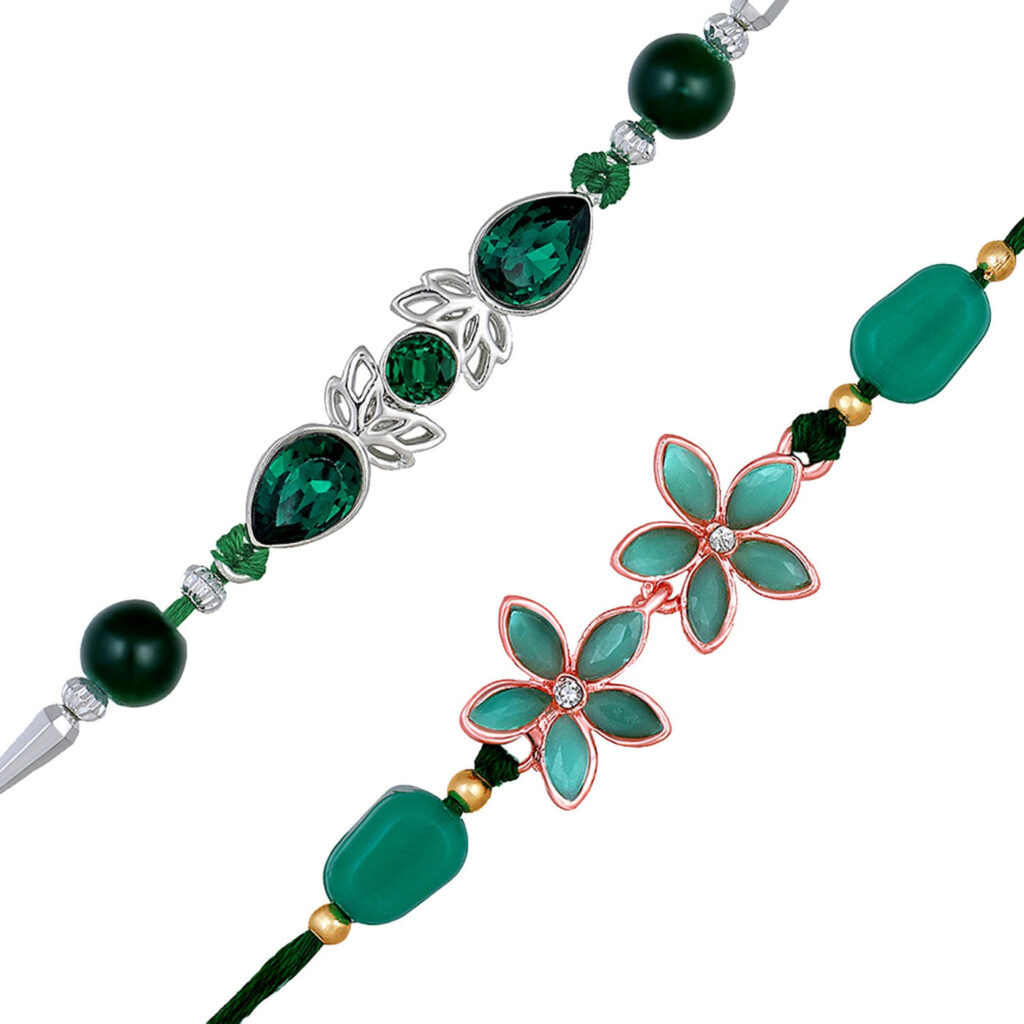 Green and White Rakhis in Oxidised Silver | Bridal Jewellery India
