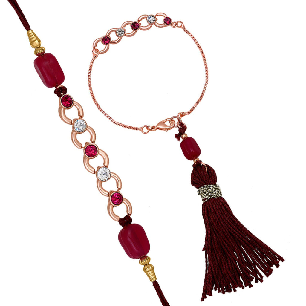 Rose Gold Plated Crystals Lumba and Brother Rakhi Pair for | Bridal Jewellery India
