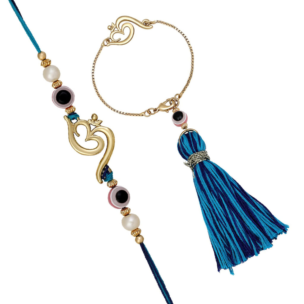 Gold Plated Om Lumba and Evil Eye Rakhi Pair for Bhaiya and | Bridal Jewellery India