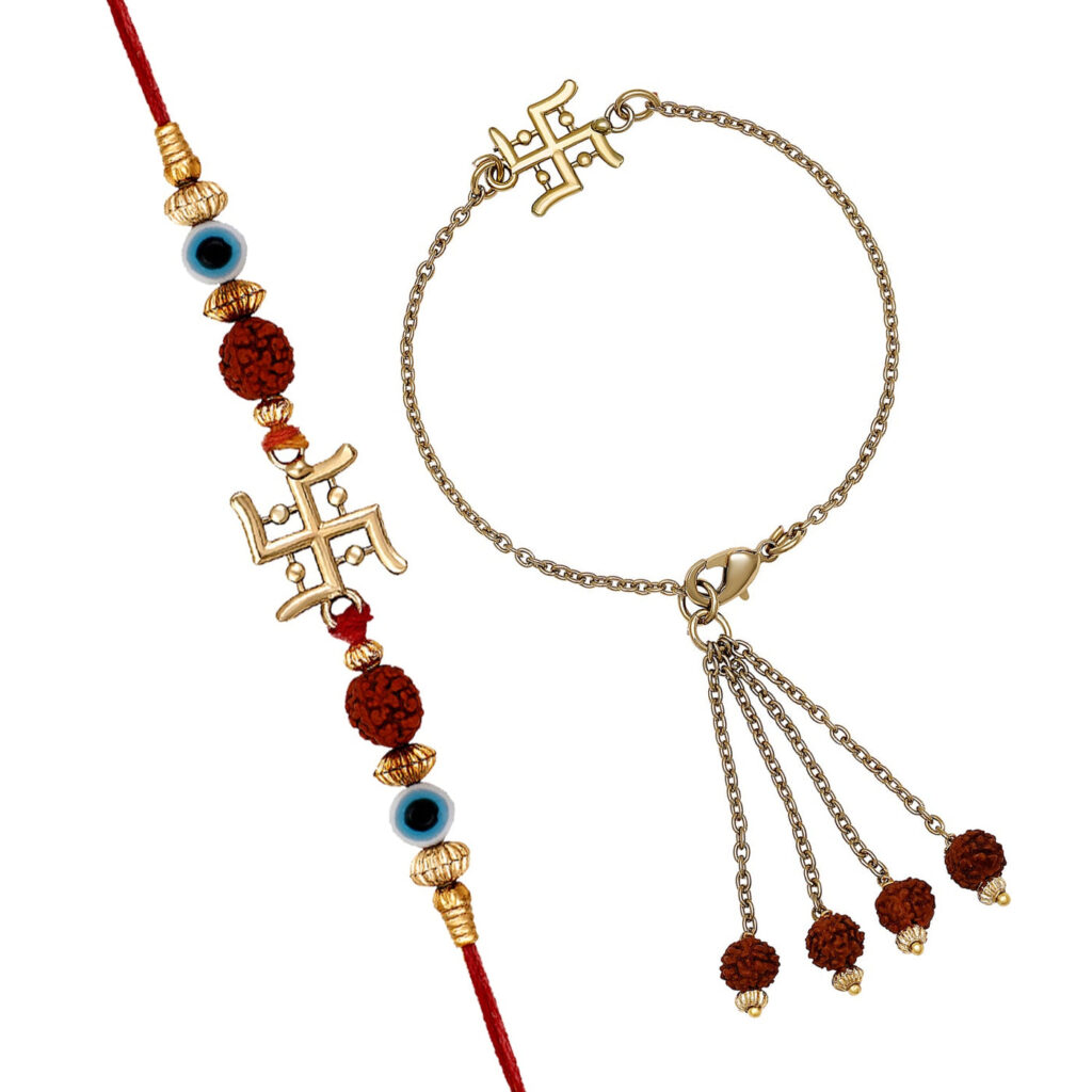 Mahi Swastik and Evil Eye Lumba Rakhi Pair in Gold Tone | Bridal Jewellery India