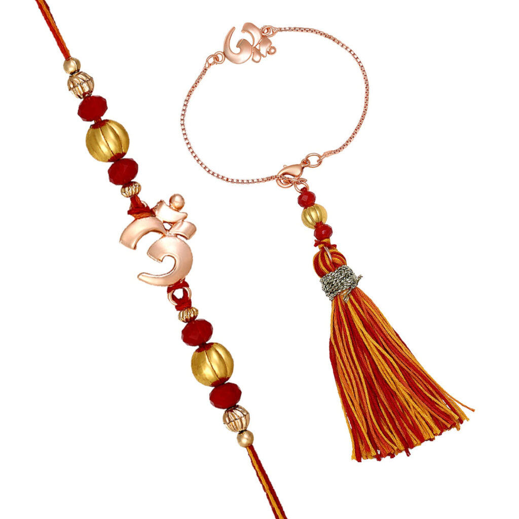 Devine OM Lumba and Brother Rakhi Set in Rose Gold Plated | Bridal Jewellery India