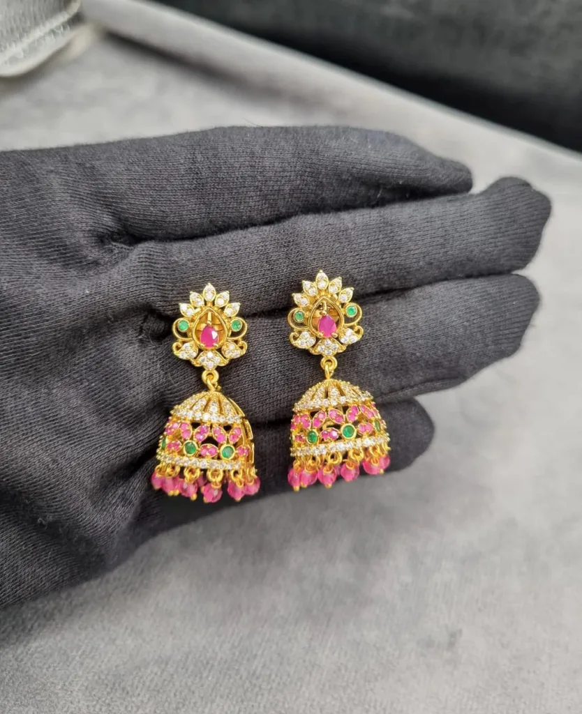 Rose Gold Plated Jhumka Earrings with Pink Beads | Bridal Jewellery India