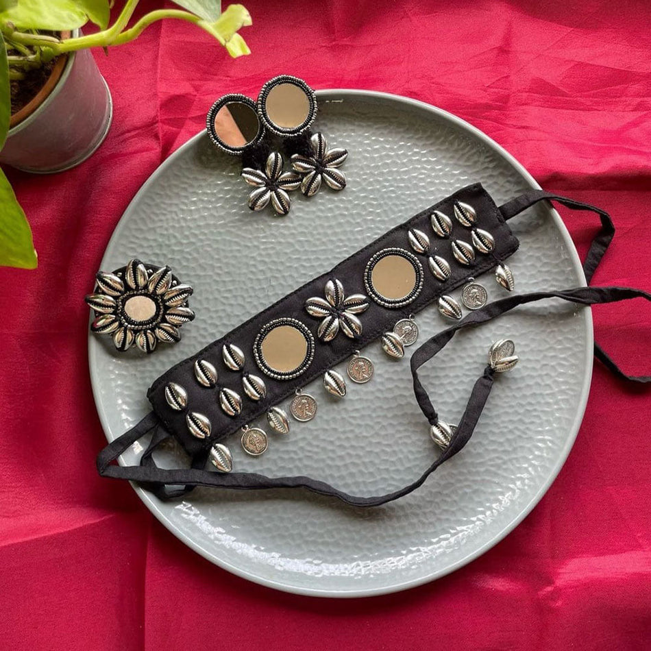 Handmade Silver Mirror Choker Necklace Set with Ring | Bridal Jewellery India
